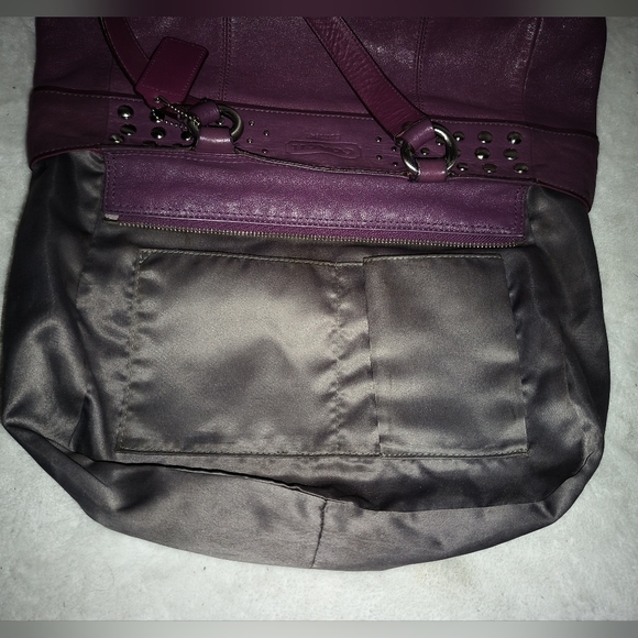 Coach East West F15235 Plum Leather Silver Studded Tote Shoulder Bag - Picture 14 of 16
